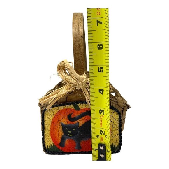 Halloween Vintage Woven Basket Black Cat Pumpkin Design Rustic Bow Handcrafted - Picture 9 of 9